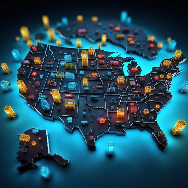 A map of the United States with highlighted routes indicating the flow of goods and services across different states, symbolizing interstate commerce.