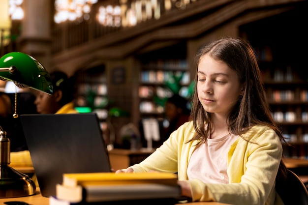 A student working on a laptop in a library setting. The student is focused and surrounded by textbooks and other learning materials. The laptop screen displays an online course interface, highlighting the blend of traditional and online learning resources.