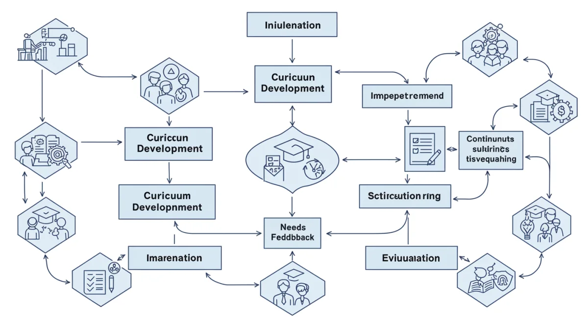 Curriculum development process flowchart showing assessment, design, implementation, and evaluation.