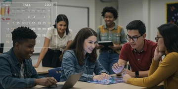 Students and teachers collaborating in a tech-enhanced classroom, symbolizing modern education by Fall 2025.