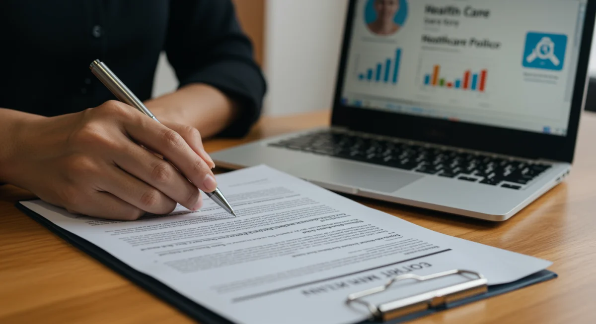 Reviewing health insurance policy details on a document